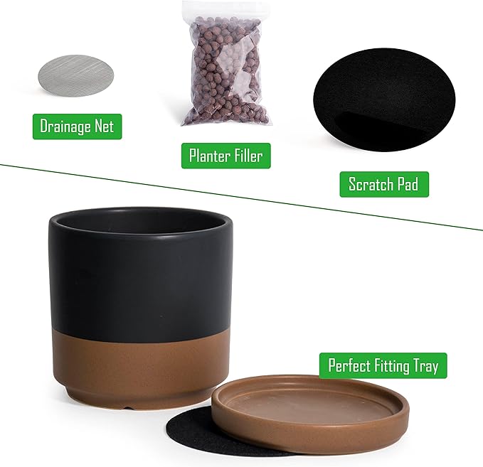 D'vine Dev 6 Inch Ceramic Planter Pot with Drainage Hole and Saucer, Indoor Cylinder Round Planter Pot, Black/Speckled Tan, 94-O-C-7