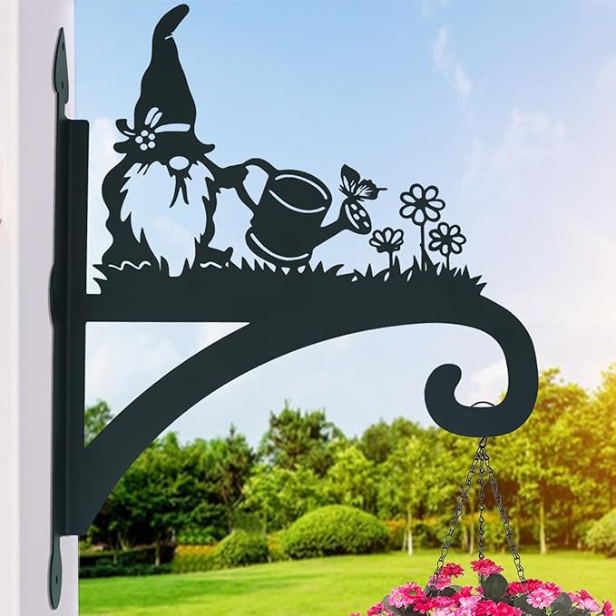 Hanging Plant Bracket Heavy Duty Iron Ornamental Gnome Silhouette Hanging Plant Hangers Outdoor 12 inch Hanging Basket Bracket Hook Wall Mounted for Flower Pot, Lantern, Bird Feeder, Wind Chimes
