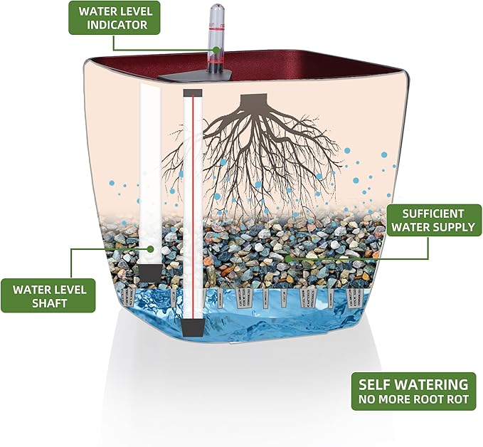 Dexceder 9x8 Self Watering Planter Indoor Outdoor, Inner Mat Design, Thickened Table Flower Plant Pot with Water Level Indicator (Red High Gloss)