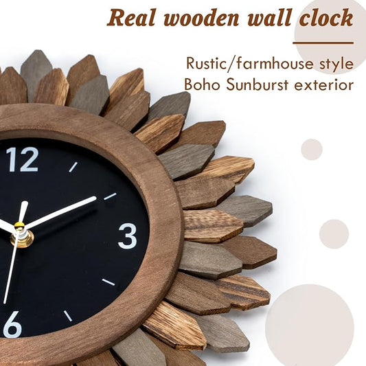 Honiway Wall Clock Battery Operated 12 in Rustic Wood Boho Sunburst Decorative - Image 2