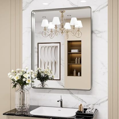 LOAAO 30X36 Inch Brushed Nickel Bathroom Mirror, Rounded Rectangle Silver Metal by LOAAO