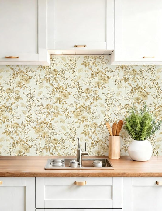 Erfoni 16.9" x197" Yellow Brown Floral Peel and Stick Wallpaper Boho Floral - Image 2