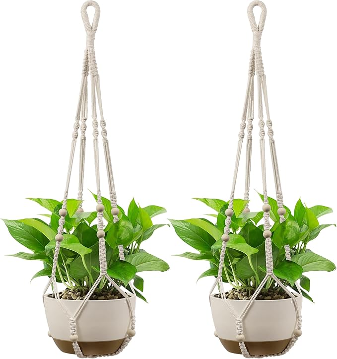 USLAI Macrame Plant Hanger Indoor Outdoor, Up to 4-15 inch Pot, Heavy 20lb Planters, Extra Long Strong Hanging Planter Basket, Boho Home Decor, 35 Inch, Ivory, Set of 2 (POTS NOT Included)