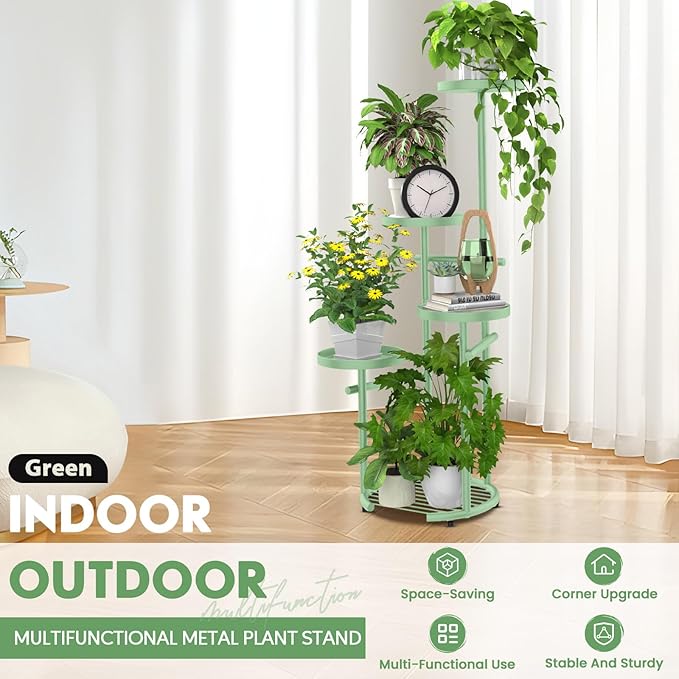 TOSKING 5 Tier Metal Plant Stand Indoor， Plant Shelf, Corner Shelf Flower Pot Stand for Outdoor Plant Stand for Living Room Balcony Garden Patio Bedroom (Green, 42inches)