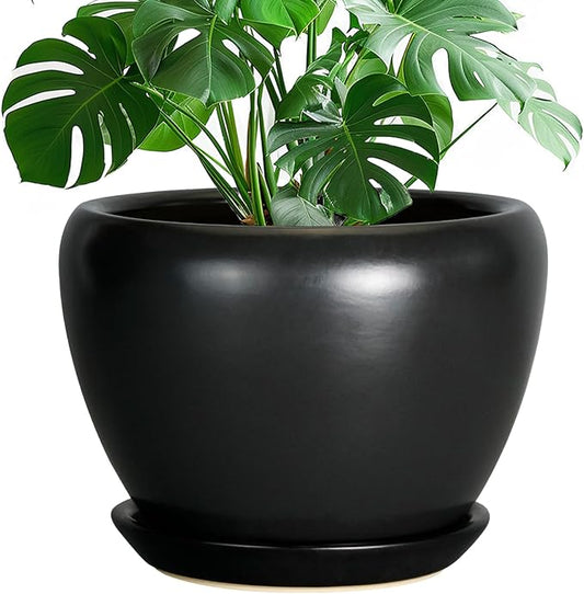 Ceramic Pot for Plants - 10 Inch Plant Pot Indoor with Drainage Hole and Saucer Large Planter Decorative Planter Modern Outdoor Flower Pot for House Balcony Black