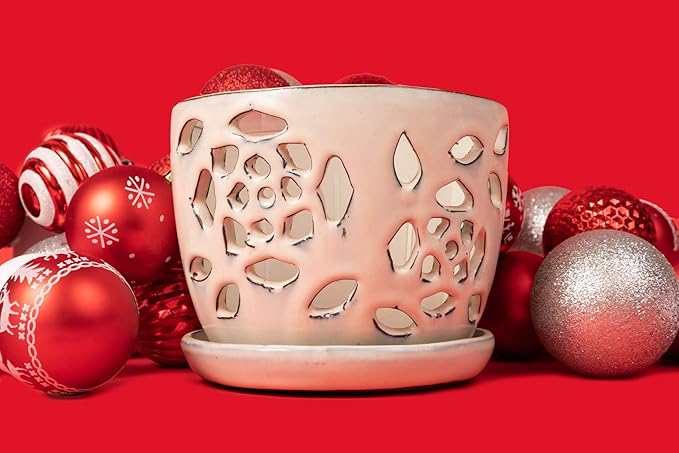 rePotme 5 inch Orchid Pot - Floral Cutout Ceramic Orchid Pot with Holes (White Diamond) - Includes 5 inch Slotted Pot Liner