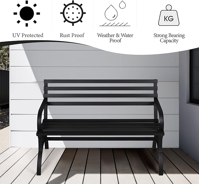 PHI VILLA Outdoor Garden Bench, 48” Long Metal Steel Bench with Backrest and Armrests, Modern Slatted Design for Patio, Lawn, Yard, Porch - Black