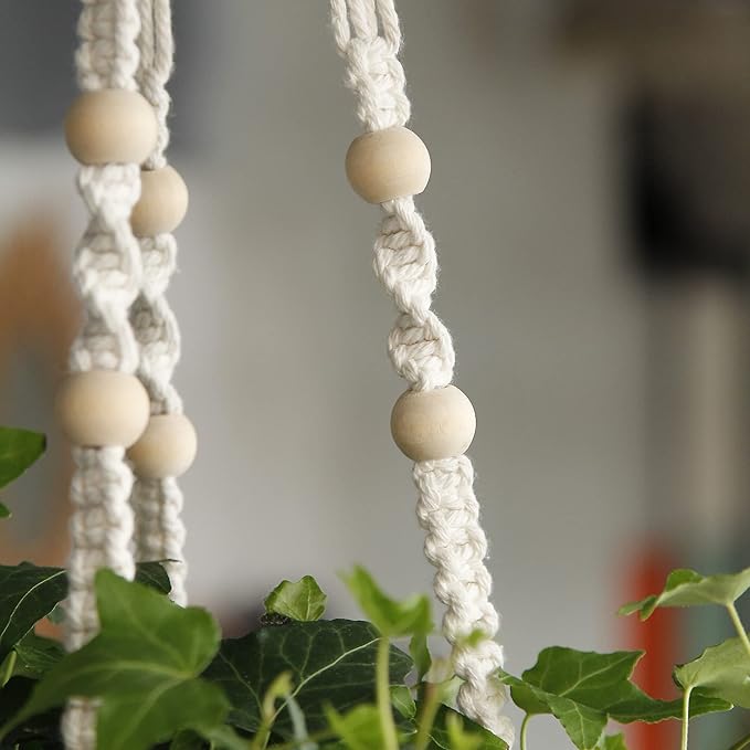Macrame Plant Hanger Indoor Hanging with Wood Beads Macrame Planters No Tassel for Indoor Outdoor Boho Home Decor 35 Inch (Ivory,2pcs)