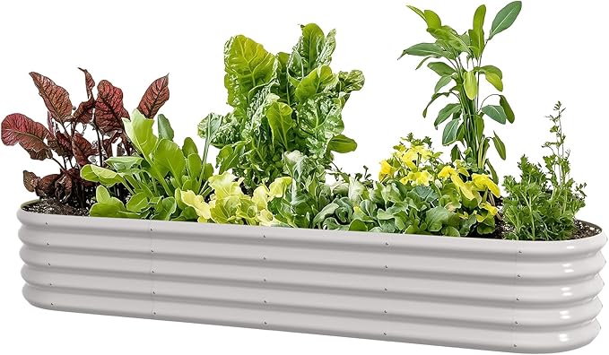8x2ft Oval Galvanized Raised Garden Bed Kits 16" Tall Outdoor Large Metal Modular Planter Box 9-in-1 Raised Beds for Gardening,Vegetables,Fruits,Flowers & Herbs (White)