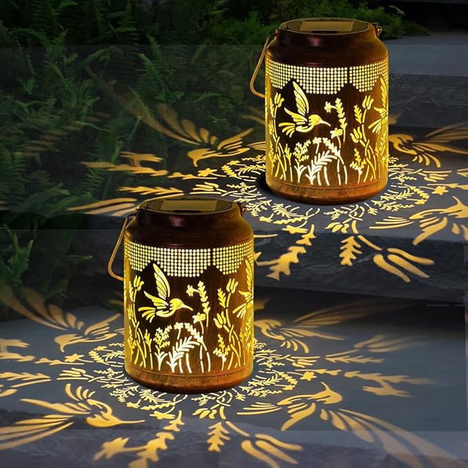 2 Pack Hummingbird Solar Lanterns Outdoor Waterproof LED 6.9" Metal Hanging Solar Lights Outdoor Hummingbird Decorative Lanterns for Patio,Garden,Pathway,Lawn Yard Birthday Gifts for Women Mom
