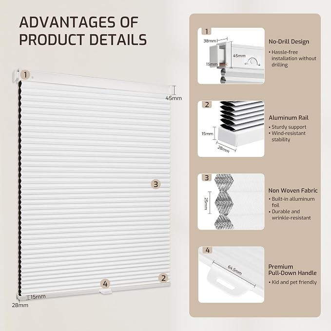 Grandekor No Drill No Tools Cordless Cellular Shades, 26.5" W x 64" H, UV - Image 9