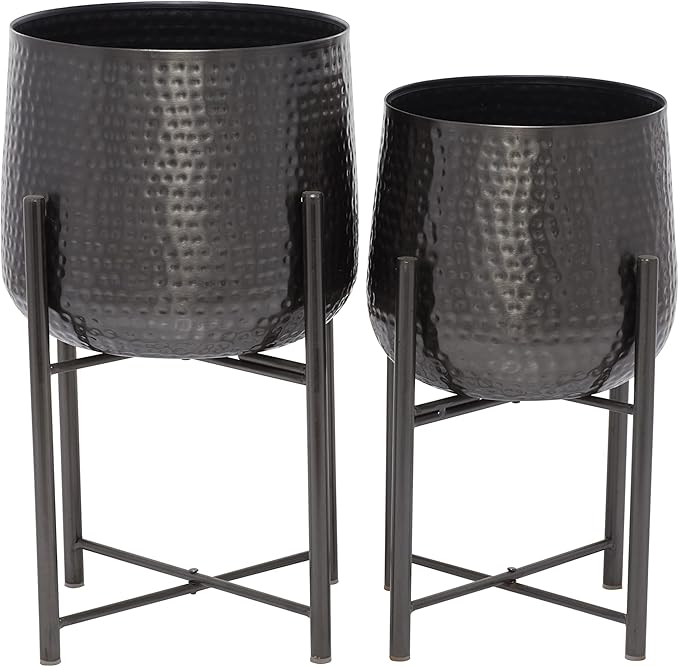 CosmoLiving by Cosmopolitan Metal Indoor Outdoor Planter Large Planter Pot with Removable Stand, Set of 2 Planters 19", 17"H, Black