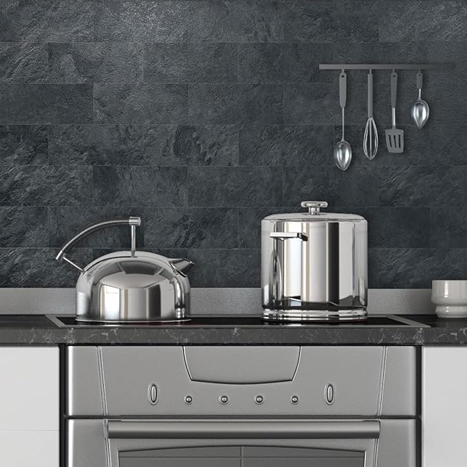 AULIGET 6" x 12" Black Slate Peel and Stick Backsplash Wall Tiles, PVC Faux - Image 3