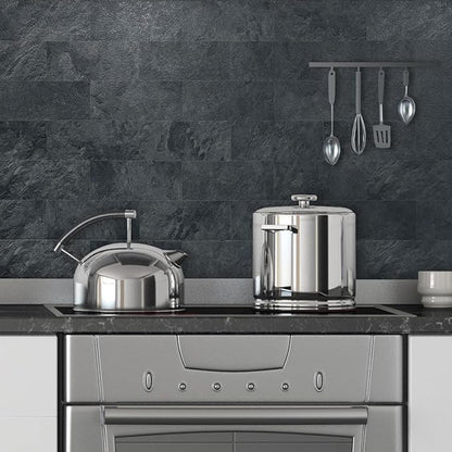 AULIGET 6" x 12" Black Slate Peel and Stick Backsplash Wall Tiles, PVC Faux - Image 3