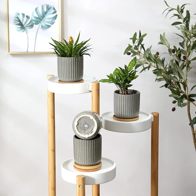 OMAYKEY 4 Inch Ceramic Plant Pot with Saucer, Creative Stripe Grey-Green Small Planters Pots with Drainage Hole and Mesh Pads for Succulent, Cactus, Herbs - Set of 4