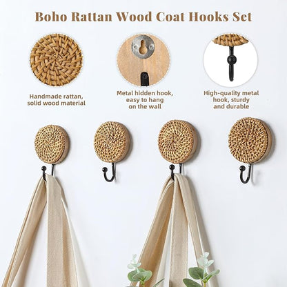 Colingmill 4 Pcs Boho Rattan Wall Towel Hooks Decorative Woven Hanging Holder - Image 4