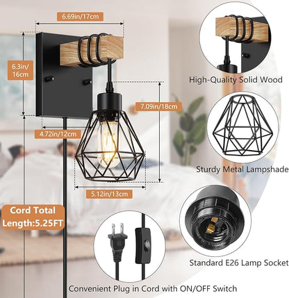 Lomoky Plug in Wall Sconces Set of Two, Vintage Wood Wall Lamps - Image 2