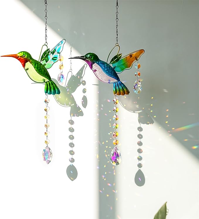 YU FENG 2PCS Hummingbird Suncatchers,Stained Glass Window Hanging Ornament,Rainbow Maker Crystal Prism Suncatcher Outdoor Indoor Home Garden Party Decoration