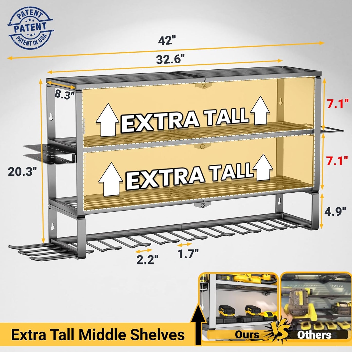YYR Large Power Tool Organizer Wall Mount, Heavy Duty Metal Cordless Drill Storage Rack with Battery Charging Station Shelf, Utility Racks for Garage Organization, 4 Layer 10 Drills Holder Extra Tall
