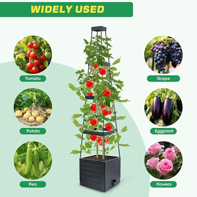 1Pack Raised Garden Bed Planter Box with Trellis, 57" Self-Watering Tomato Cage Planters for Climbing Plants Vegetable Vine Flowers Outdoor & Indoor (57x9.8x9.8IN)