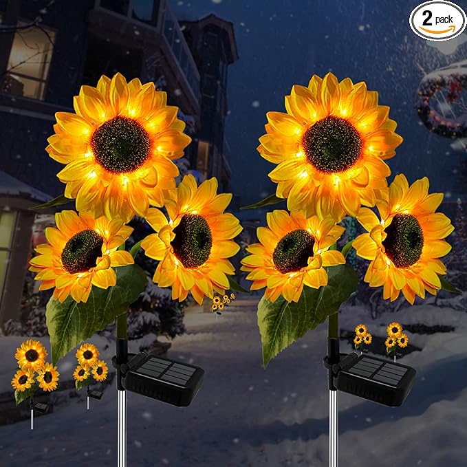 2 Pack Sunflower Solar Lights Outdoor Decor with 3 LED Sunflower Yellow Flower Lights Decorative Waterproof for Patio Lawn Garden Yard Pathway Decoration