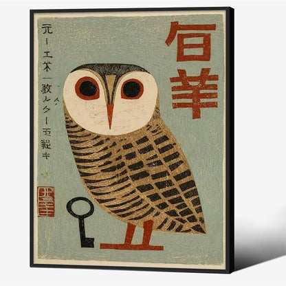 Vintage Japanese Black Framed Wall Art Owl Poster Mid Century Animal Print by Heltrappe