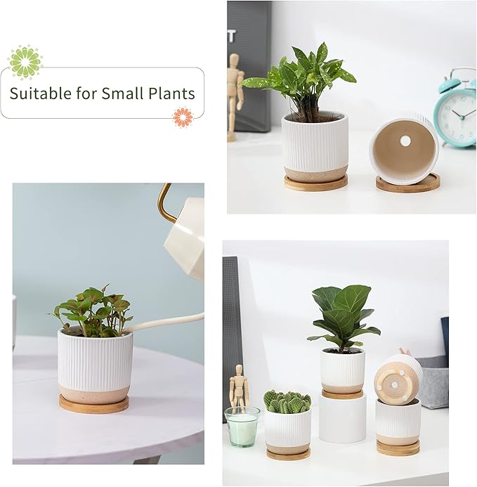 AOMRYOM 4 Inch Small Ceramic Plant Pots with Drainage Hole and Saucer, Modern Flower Planter for Succulent, Indoor Plants, Cactus, Herbs, White, Set of 4 (Plant Not Included)