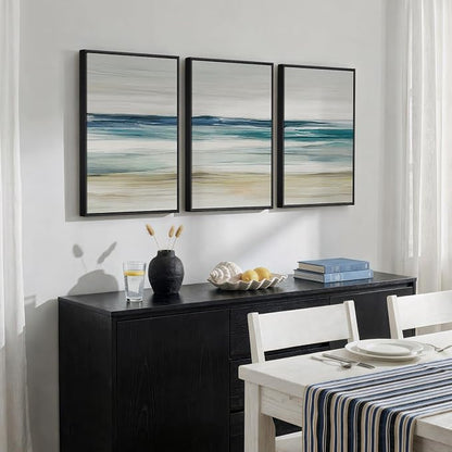Framed Abstract Coastal Wall Art Bedroom, 3 Piece Blue Beach Landscape Canvas - Image 2