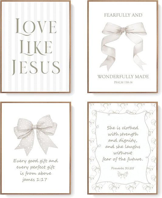 LARTSFRO Coquette Beige Bow Jesus Wall Art Decor Posters, Inspirational Bible by Unknown