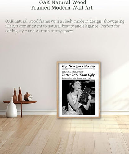 iHery Natural OAK Wood Audrey Hepburn Trendy Framed Wall Art, Better Late Than - Image 5