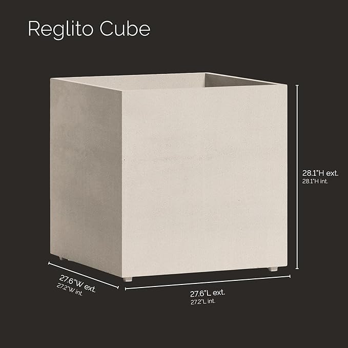 Reglito Cube Planter – Fiberglass Indoor/Outdoor and Weather-Resistant Large Planter (Sand Stone, 27.6" L x 27.6" W x 28.1" H)