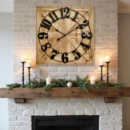 EMAX HOME Large Farmhouse Wall Clock – 24 Inch Brown Square Rustic Wooden Clock by EMAXHOME