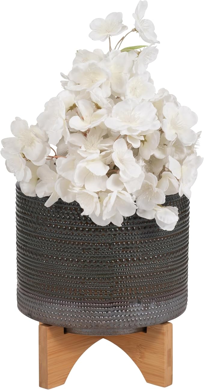 Sagebook Home 8" Ceramic Planter on Bamboo Wood Stand - Green Plant Stand with Contemporary Dotted Design - Indoor or Outdoor Plants and Succulents