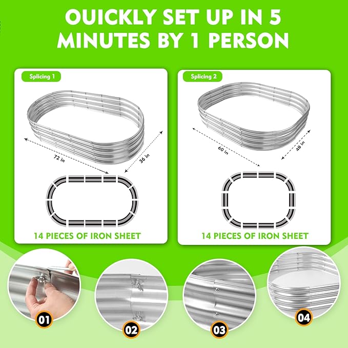 Durable -0.8MM Thick,Crimped Edge 6X3X1 FT Large Oval Galvanized Steel Raised Garden Bed/Galvanized Metal Planter Box for Planting in The Backyard/Garden (Silver, 72X36X12 Inches)