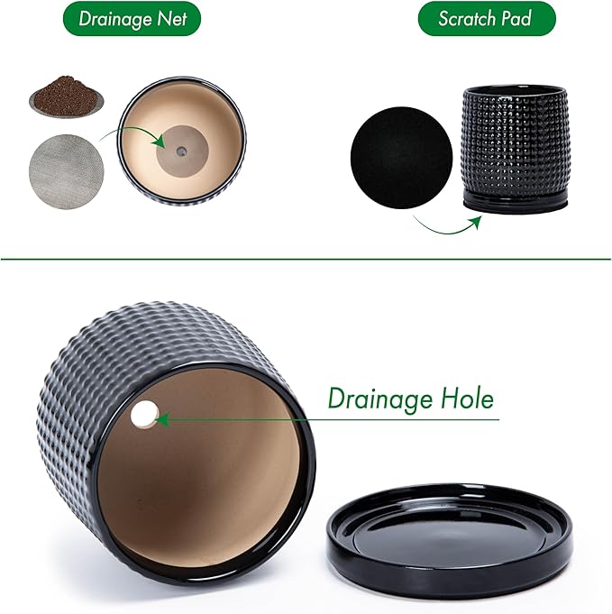 D'vine Dev Set of 2 Ceramic Plants Pots, 6 Inch Beaded Stoneware Flower Pot for Plants with Drainage Hole and Saucer, Glossy Black, 27-E-X-2