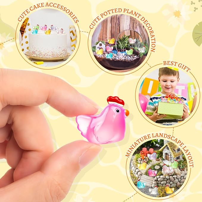 192PCS Luminous Mini Resin Chickens Miniature Animals, Tiny Chickens Miniature Figurines Glow in The Dark for Micro Garden, Potted Plant, DIY, Home Outdoor Party Decor (8 Colors)