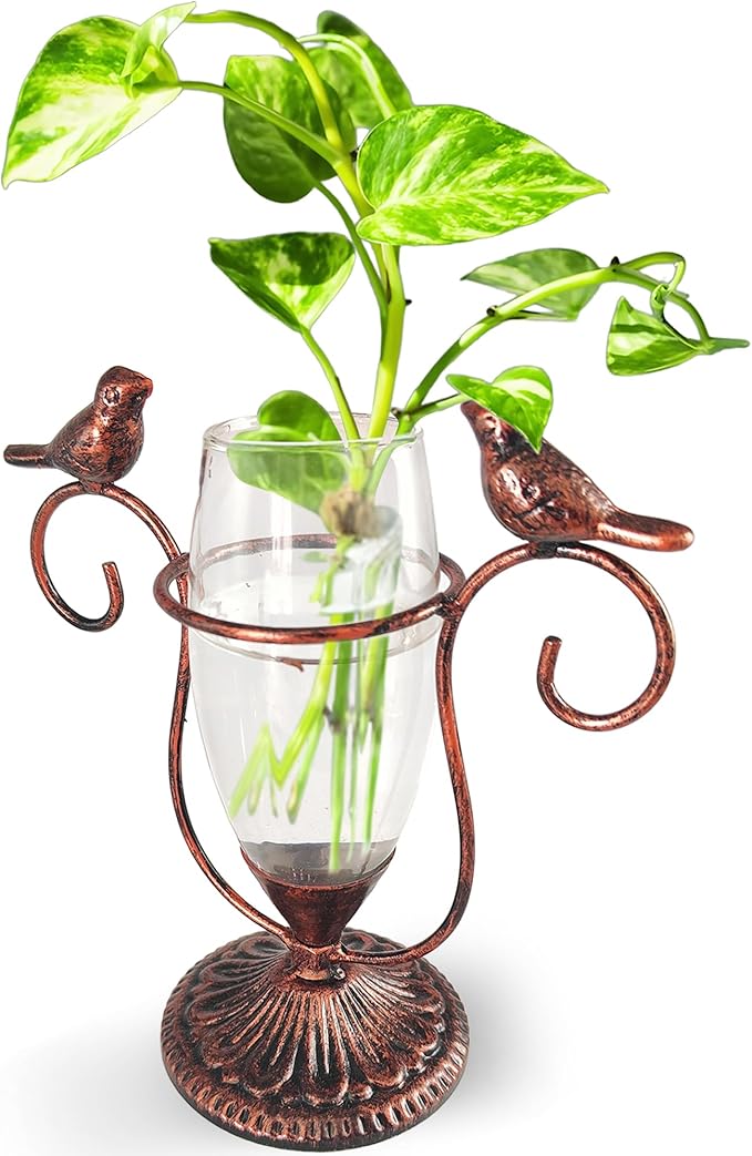 POXOH Vintage Glass Planter - Metal & Glass Propagation Vase with Dual Birds Art, Retro Indoor Planter for Hydroponic Plants, Office Desk Decor, Living Room Centerpiece