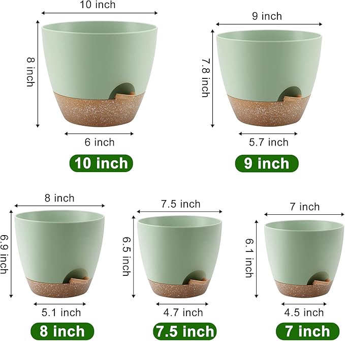 Plant Pots 10/9/8/7.5/7 Inch Self Watering Pots, Set of 5 Plastic Planters with Drainage Holes and Saucers,Plastic Flower Pots,Nursery Planting Pot for Indoor Out Door Plants（Green）