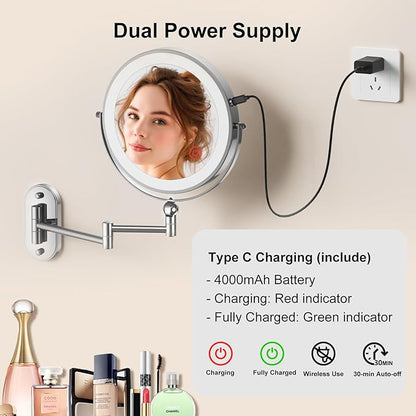 9" Wall Mounted Lighted Makeup Mirror, 4000mAh Rechargeable Double Sided 1X/10X - Image 4