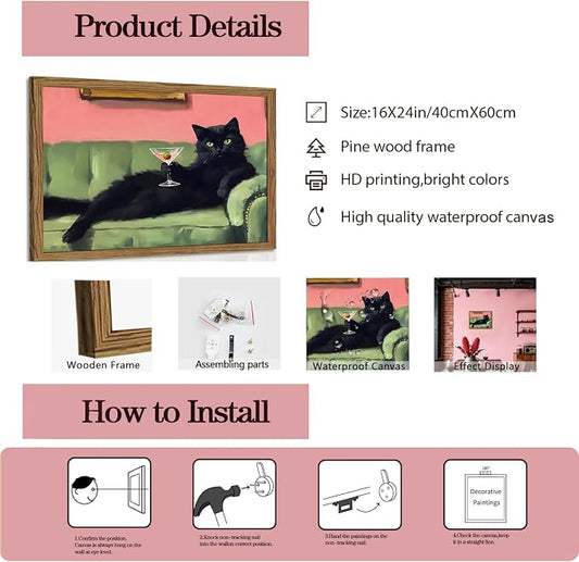 Funny Black Cat Martini Wall Art, Bar Cart Decor, Eclectic Cocktail Painting - Image 2
