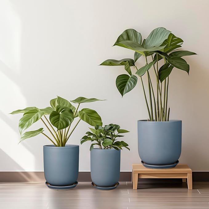 Ceramic Pot for Plants - 8 Inch Plant Pot for Indoor Plants Outdoor Ceramic Planter Large Flower Pot with Drainage Hole and Saucer for Home Garden Decor Gray