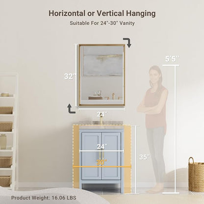 Gold Bathroom Mirror, 24x32 Brushed Gold Bathroom Mirror Beveled Edge, - Image 2