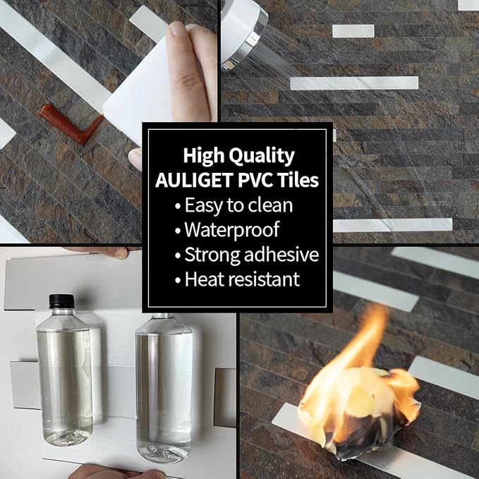 AULIGET 2 Sheets Rust Slate Peel and Stick Backsplash, PVC Mixed Metal Silver - Image 5