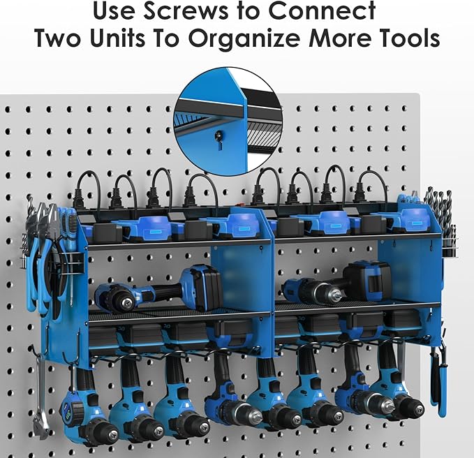CCCEI Set Power Tool Organizer Wall Mount with Charging Station. Garage 4 Drill Storage Shelf with Hooks, Heavy Duty Metal Tool Battery Charger Organizer. Shop Utility Rack with Power Strip Blue.