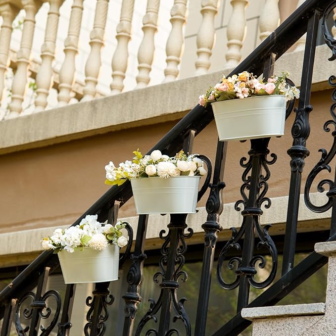 5 Pack Metal Hanging Flower Pots for Railing Fence，Outdoor Balcony Rail Planter with Garden Tools Detachable Hooks Drainage Holes for Deck Garden Home Decor White