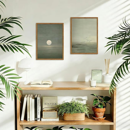 Framed Sage Green Japanese Canvas Wall Art Set of 2, Minimalist Moon and Birds - Image 4
