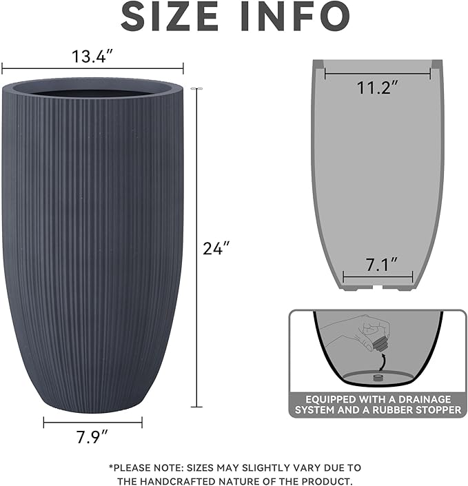 Kante 24 Inch Tall Round Concrete Planter, Large Indoor Outdoor Plant Pots with Drainage Hole and Rubber Plug, Modern Decorative Garden Pots for Home Patio Porch, Textured Charcoal
