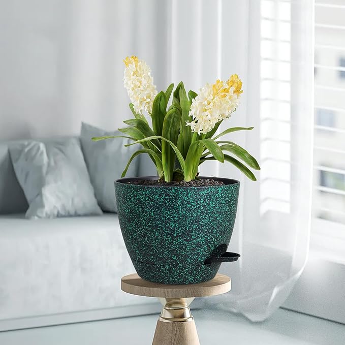 12 inch Large Self Watering Pots for Indoor Outdoor Plants, Flower Plant Pots with Mesh Drainage Holes for Garden House Plants, Plastic Planters for Home Plants, Black with Green Speckles