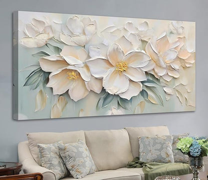 Anolyfi White Textured Flowers Large Canvas Wall Art - Image 2