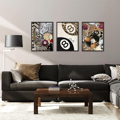 Fashion Cheetah Wall Art Set of 3 Leopard Wall Decor Pictures Lucky 8 Ball - Image 2